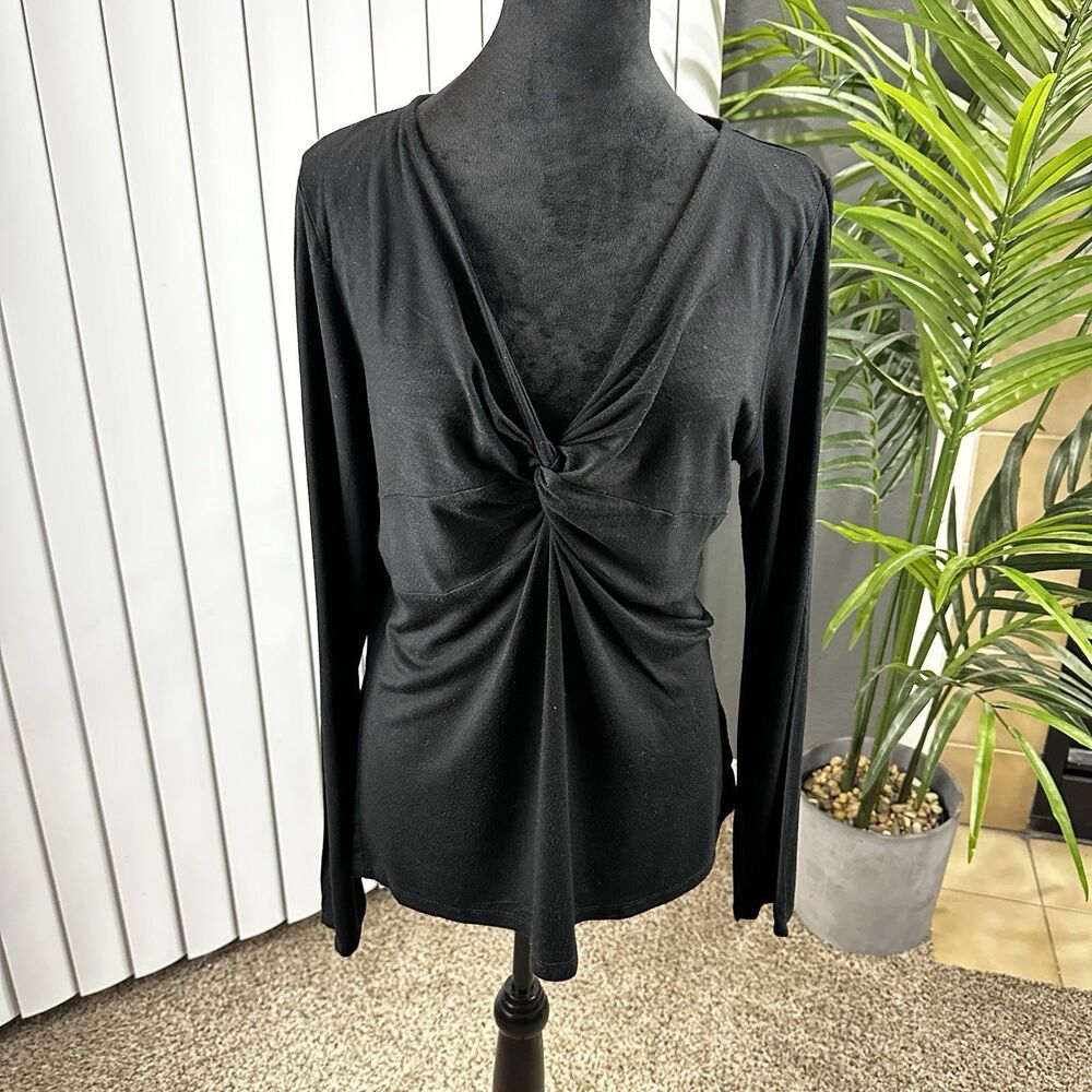 Ambiance Women's Plus Sz 1X Black Front Tie Long Sleeve Shirt Top Casual Dressy